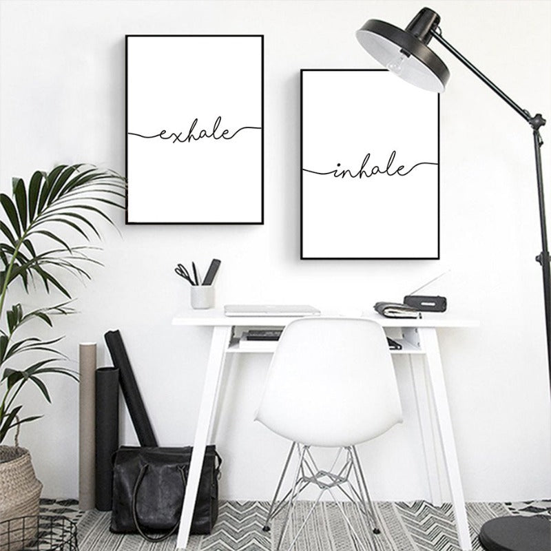 Minimalistisch Schwarz Weiß Ausatmen Einatmen Buchstaben - Leinwand Wandkunst Malerei
