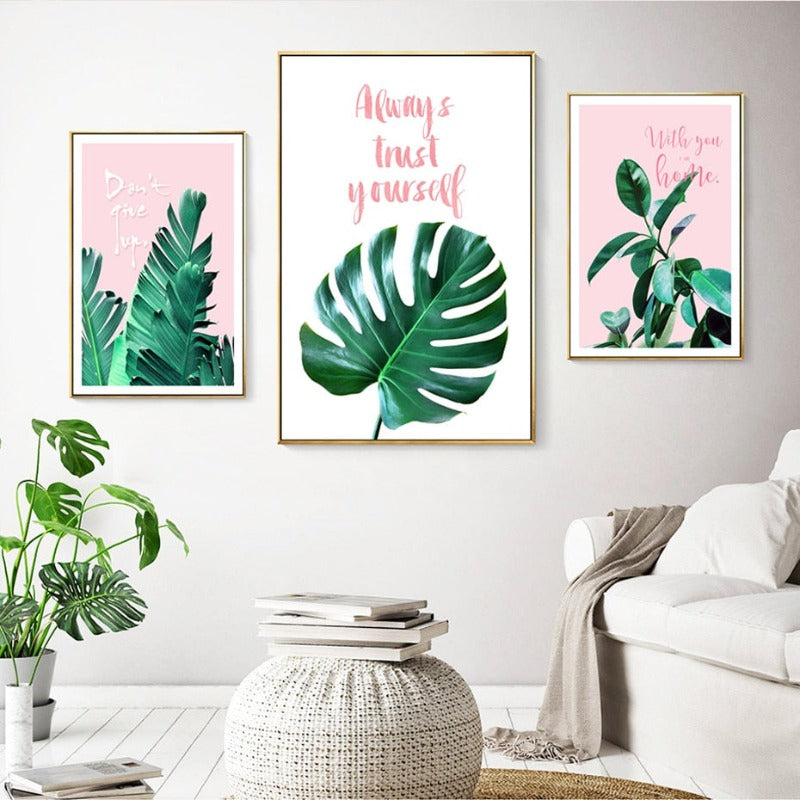 Rosa Hintergrund Grüne Tropische Blätter - Leinwand Wandkunst Malerei