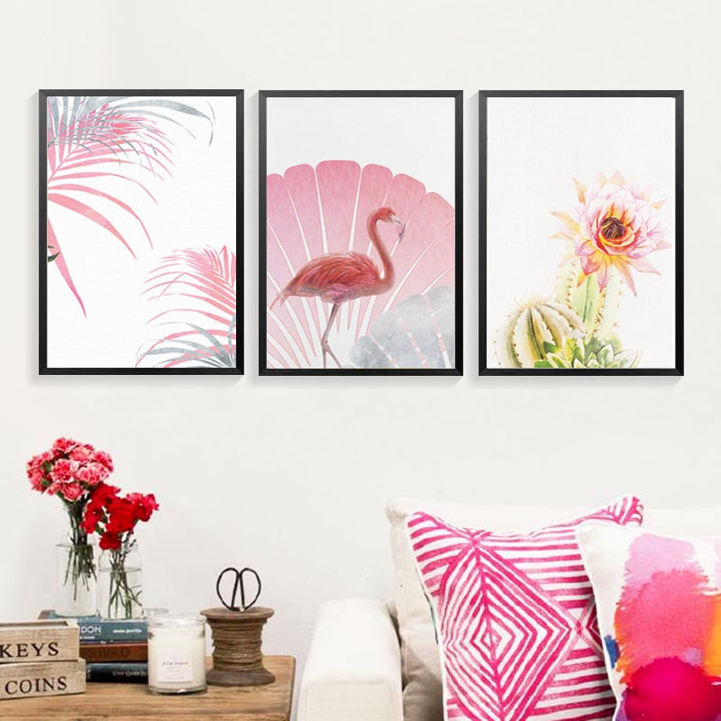 Pink Flamingo Flowers Mädchen - Leinwand Wandkunst Gemälde