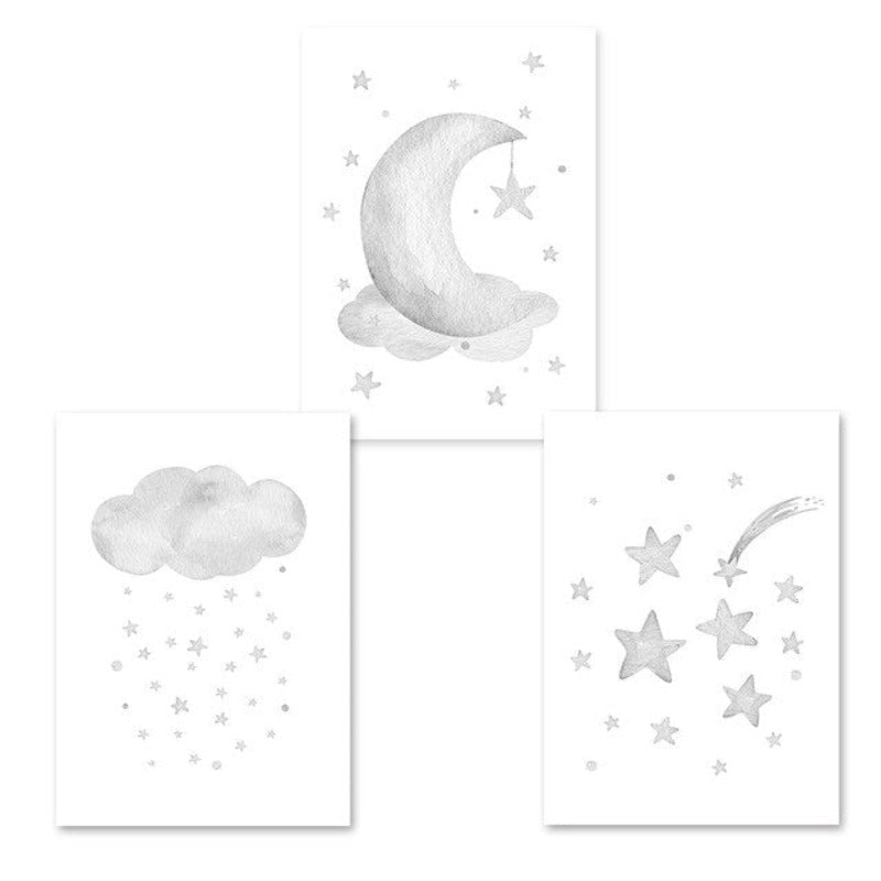 Graue Mond Sterne Wolke Kinderzimmer - Leinwand Wandkunst Malerei