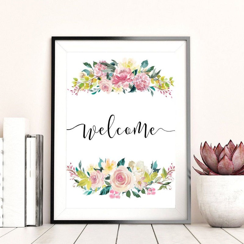 Floral Willkommen Schild Poster - Leinwand Wandkunst Gemälde