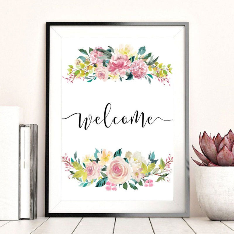 Floral Willkommen Schild Poster - Leinwand Wandkunst Gemälde