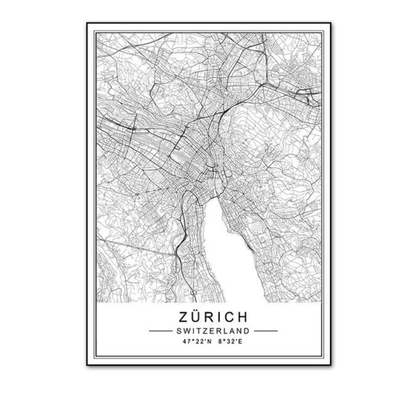 Minimalistische Stadt LISBOA ZÜRICH Karte Reisen - Leinwand Wandkunst Malerei