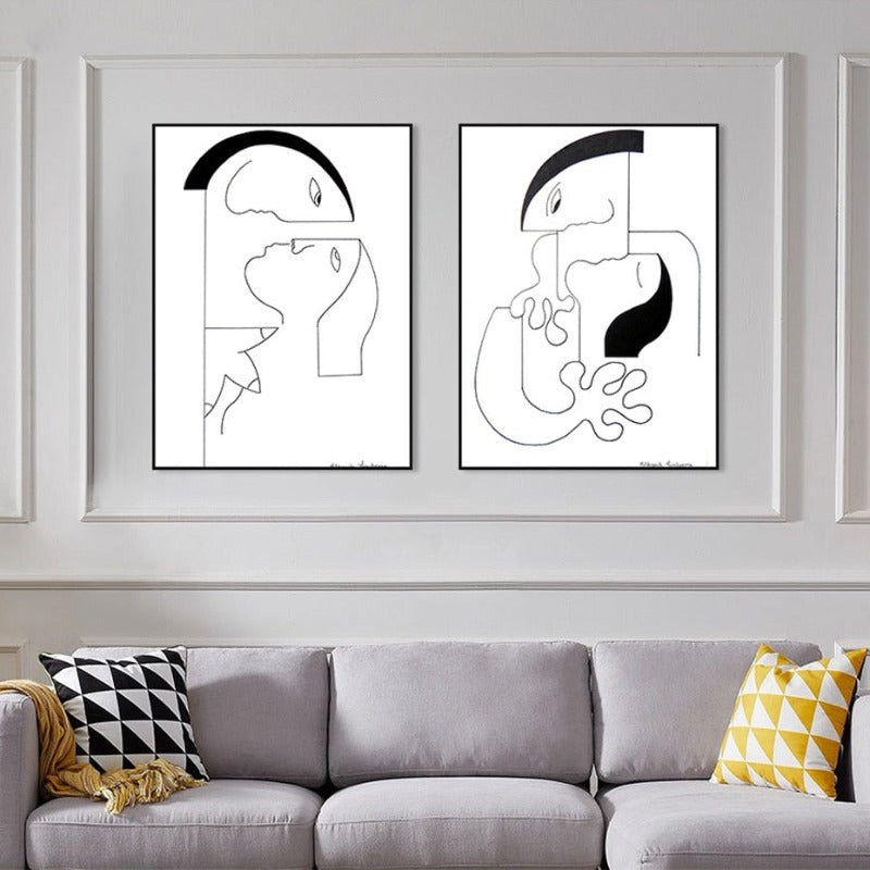 Minimalistische abstrakte schwarze weiße Paarfigur - Leinwand Wandkunstgemälde