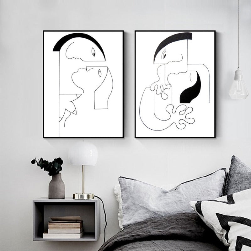 Minimalistische abstrakte schwarze weiße Paarfigur - Leinwand Wandkunstgemälde