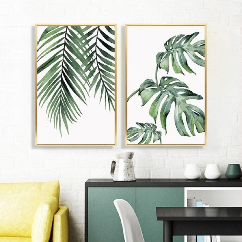 Aquarell-Wandbild mit grünen Tropenpflanzen – Leinwandbild