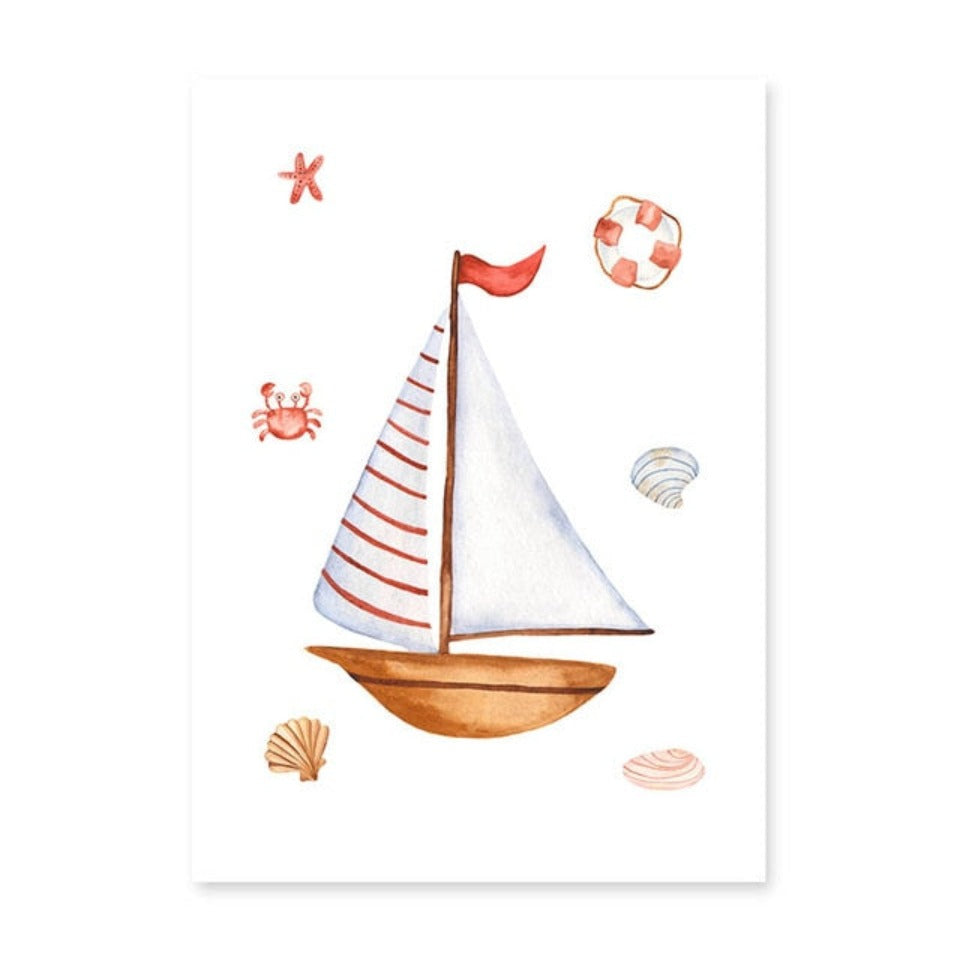 Wandbild mit Segelboot, Leuchtturm und Anker fürs Kinderzimmer – Leinwandbild