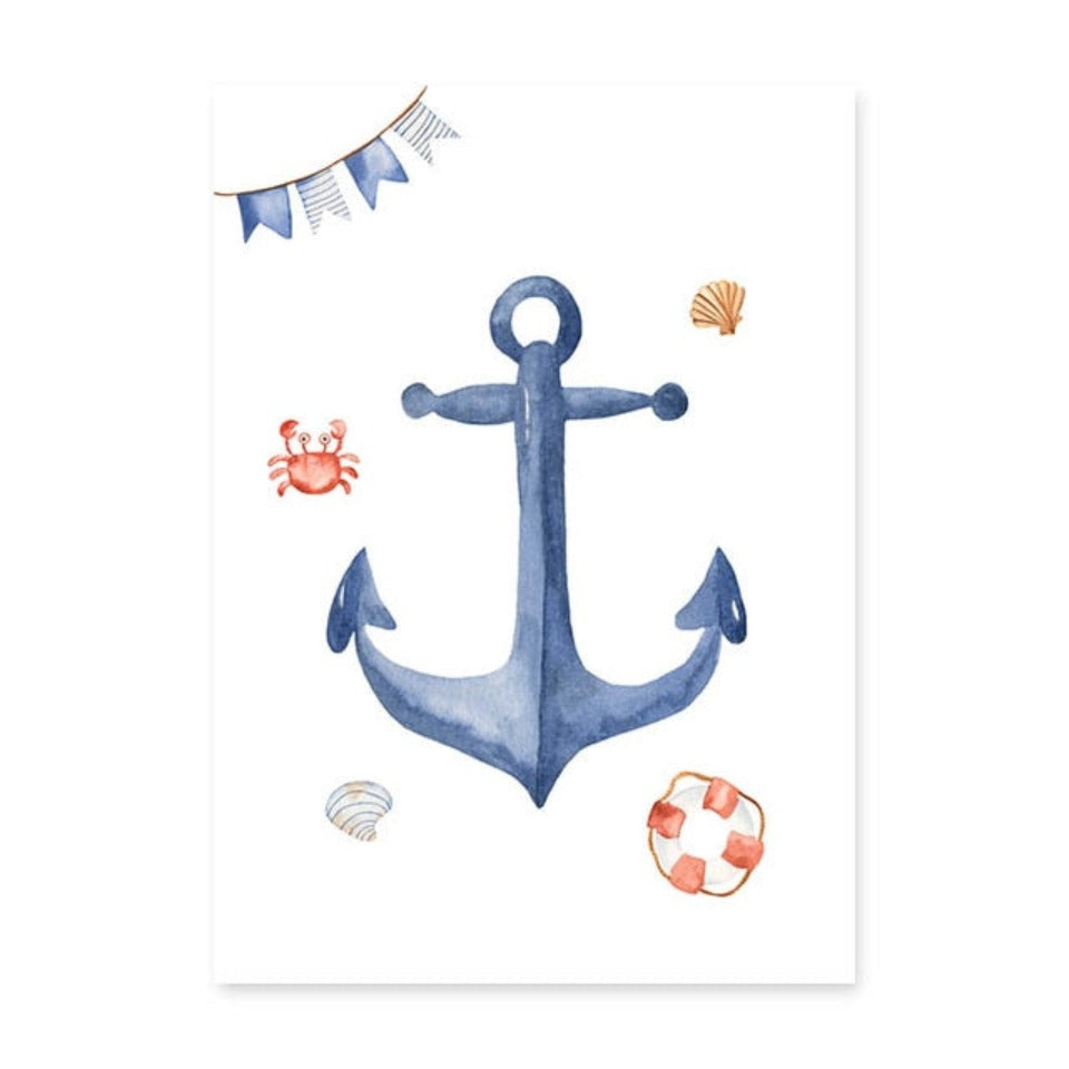 Wandbild mit Segelboot, Leuchtturm und Anker fürs Kinderzimmer – Leinwandbild