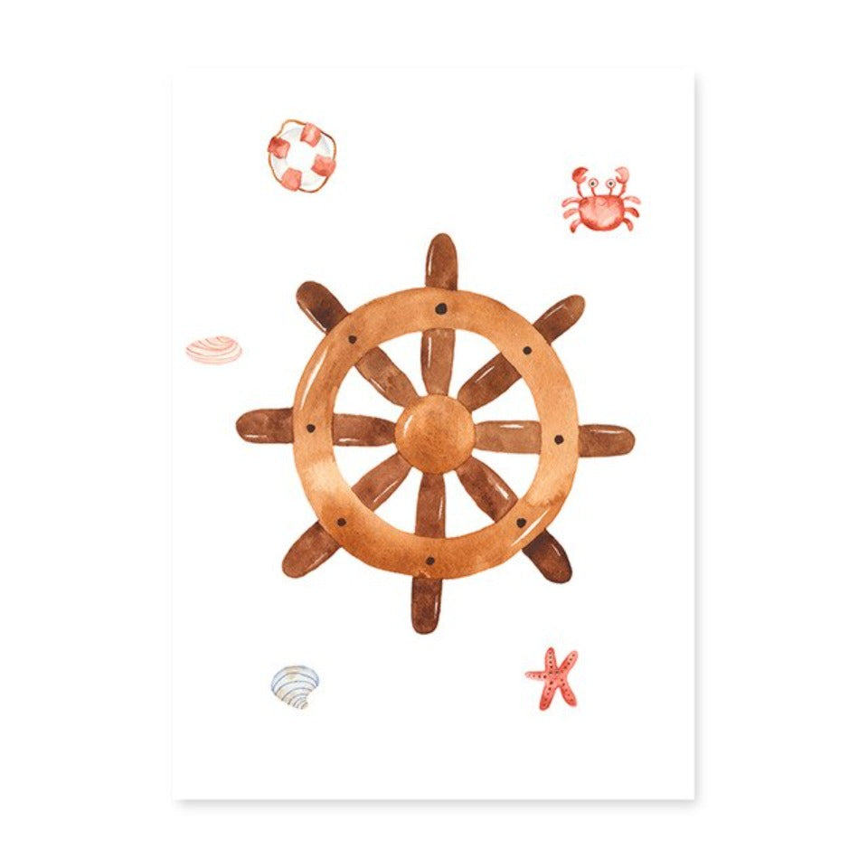 Wandbild mit Segelboot, Leuchtturm und Anker fürs Kinderzimmer – Leinwandbild