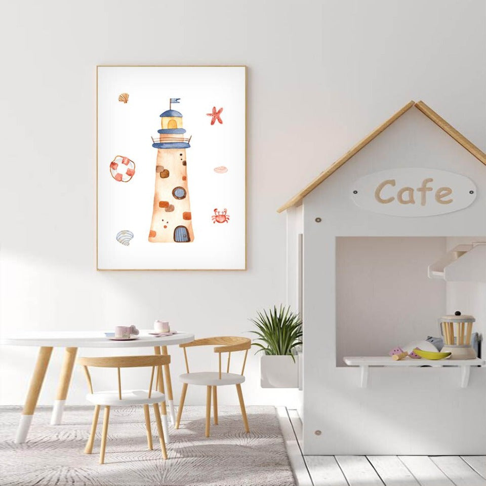 Wandbild mit Segelboot, Leuchtturm und Anker fürs Kinderzimmer – Leinwandbild