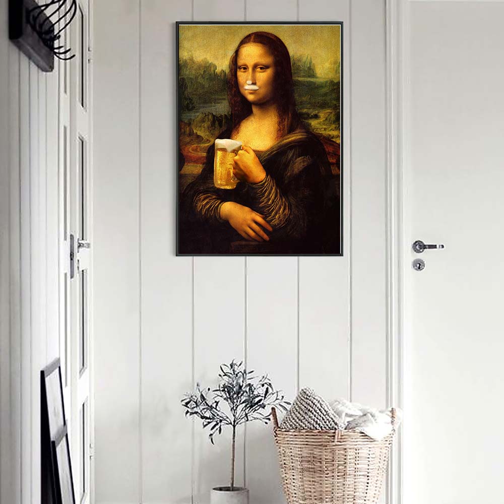 Mona Lisa und ihr Getränk - Leinwand Wandkunst Gemälde