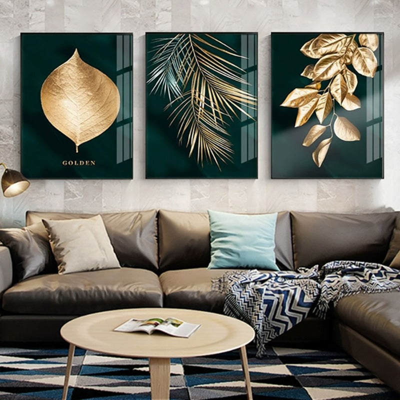 Abstrakte goldene Pflanzenblätter - Leinwand Wandkunst Gemälde