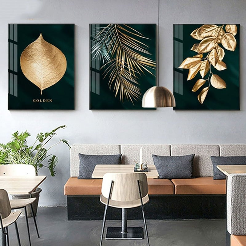 Abstrakte goldene Pflanzenblätter - Leinwand Wandkunst Gemälde