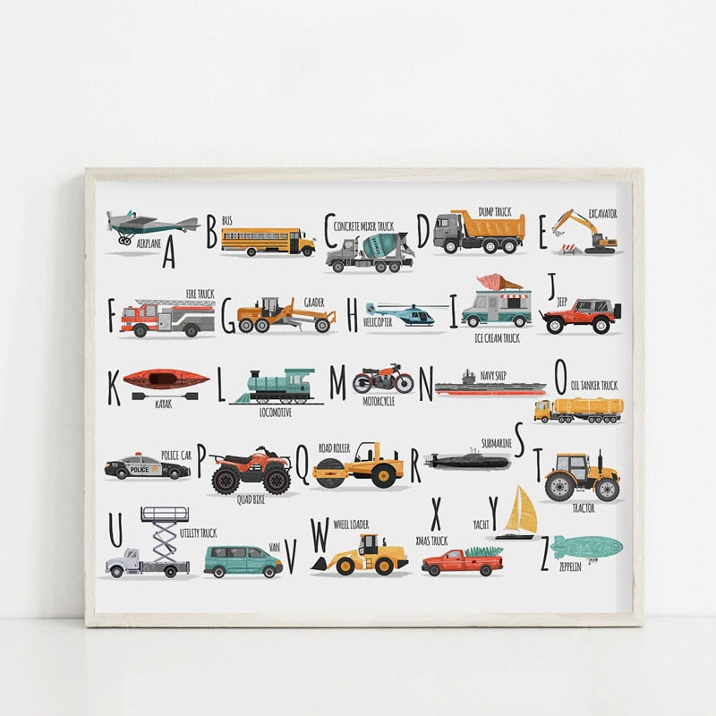 Gedrucktes Auto-Alphabet – Leinwandbild
