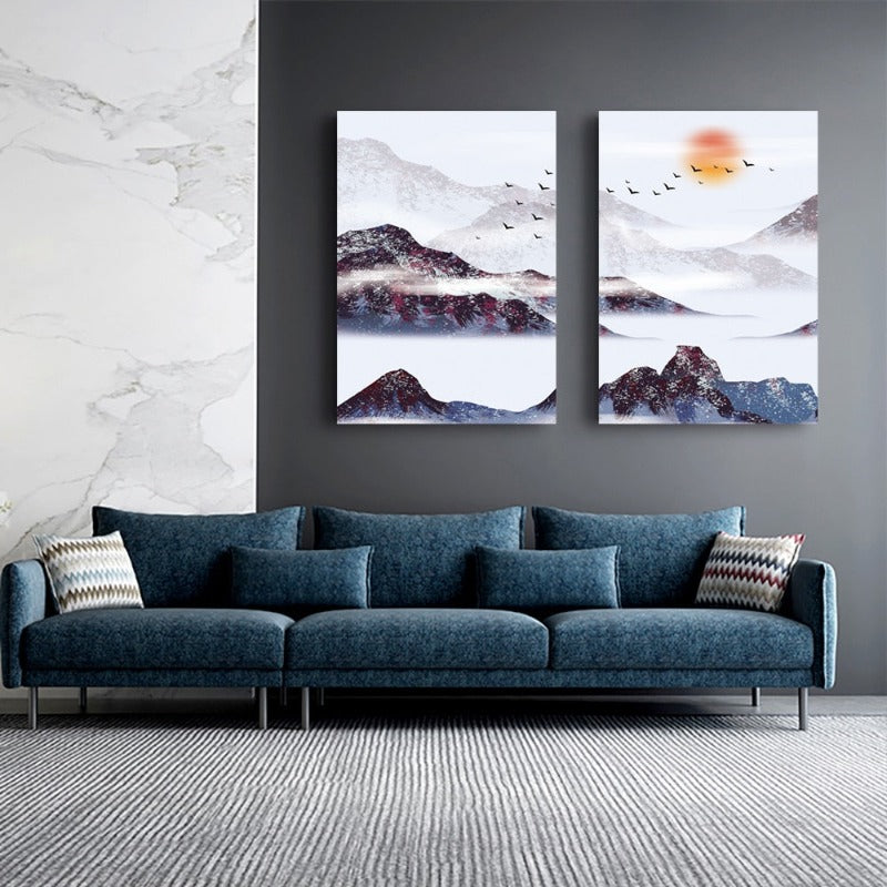 Mountain's Red Sun - Leinwand Wand Kunst Gemälde