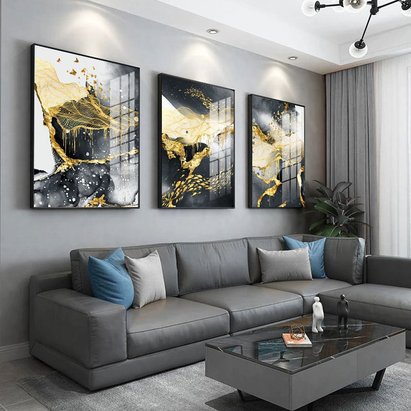 Goldene, schwarze und weiße Spritzer - Leinwand Wandkunst Malerei