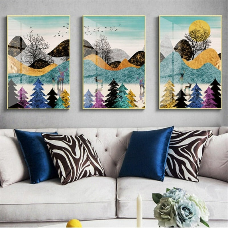 Bunte Hügel und Bäume - Leinwand Wandkunst Malerei
