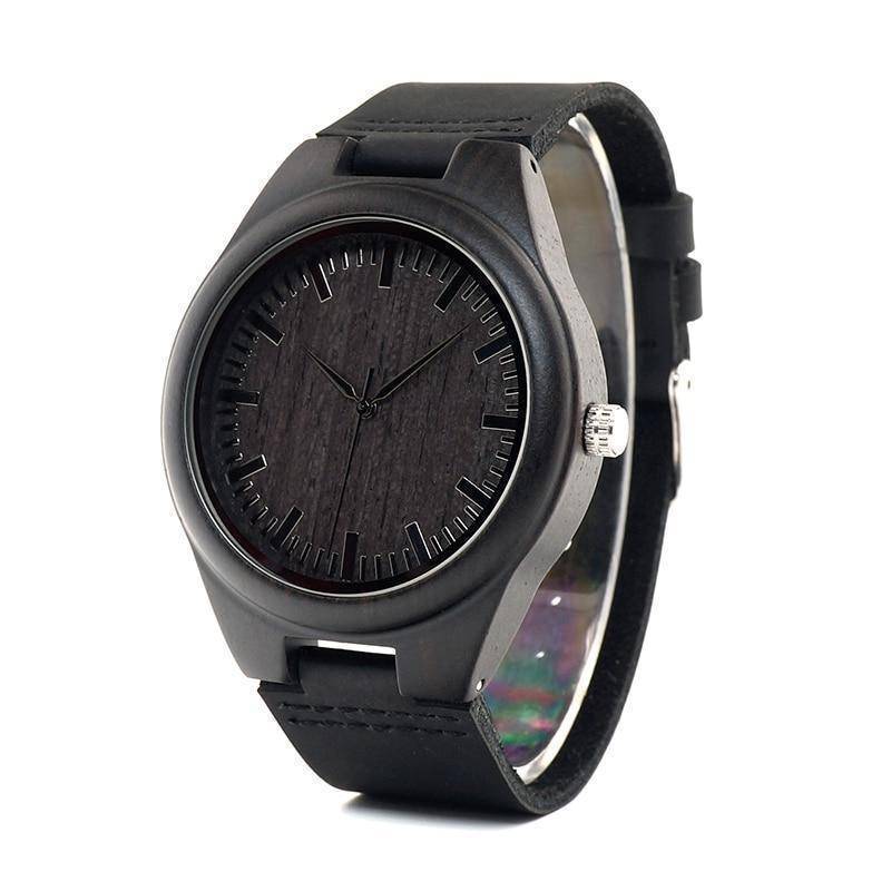 Brehn | Herren Schwarze Holz Uhr Mit Echtem Leder - Quarz, Natürliches Ebenholz
