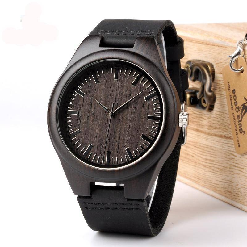 Brehn | Herren Schwarze Holz Uhr Mit Echtem Leder - Quarz, Natürliches Ebenholz