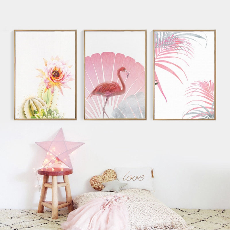Pink Flamingo Flowers Mädchen - Leinwand Wandkunst Gemälde