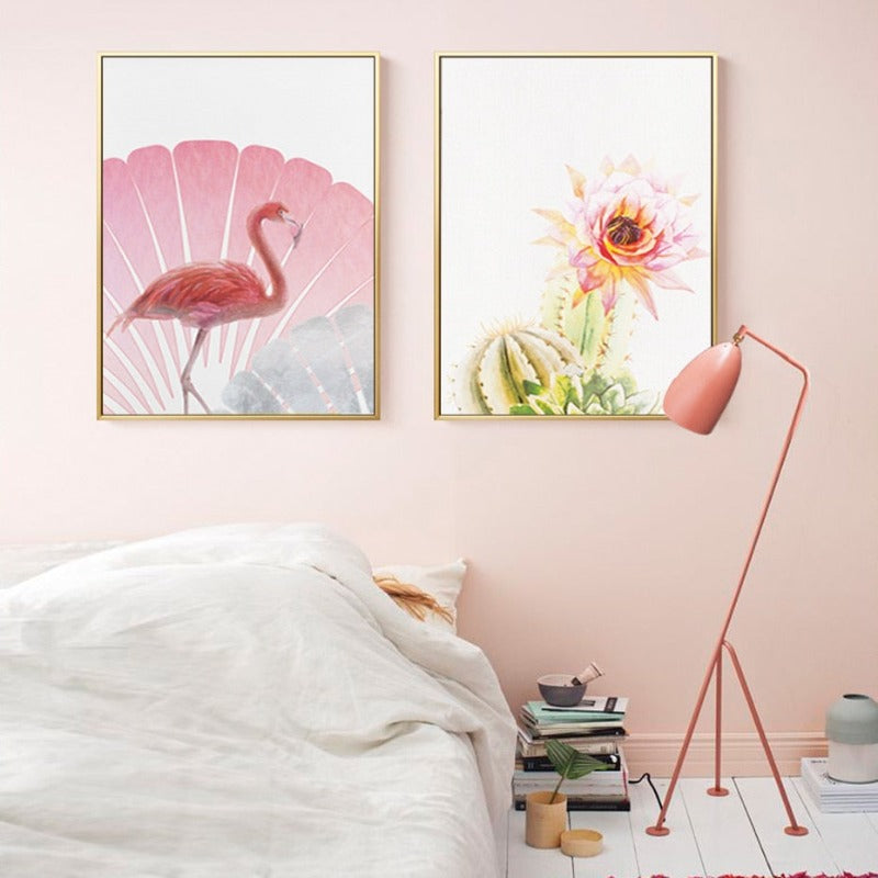 Pink Flamingo Flowers Mädchen - Leinwand Wandkunst Gemälde