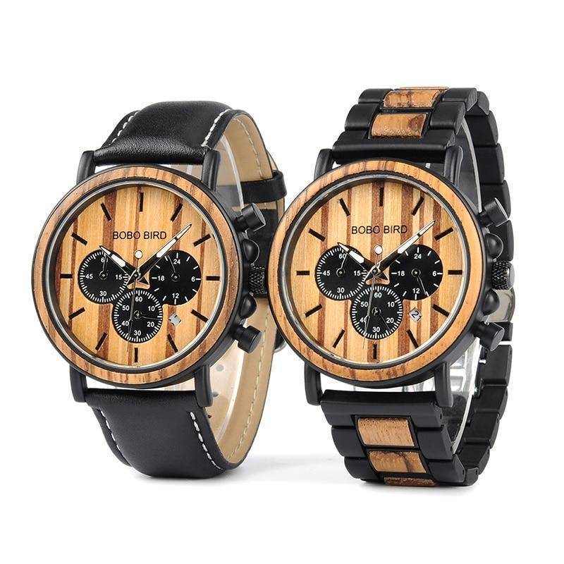 Brehn | Holz- und Edelstahl Holzarmbanduhr mit leuchtenden Zeigern Herren Quarz Armbanduhr