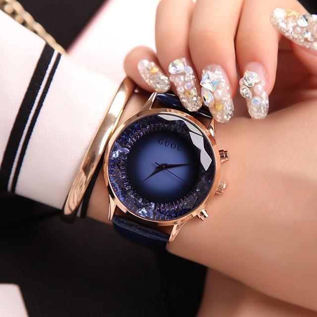 Brehn | Mitternachtsblau Luxus-Diamant (Synthetisch) Echtes Leder Damenarmbanduhr