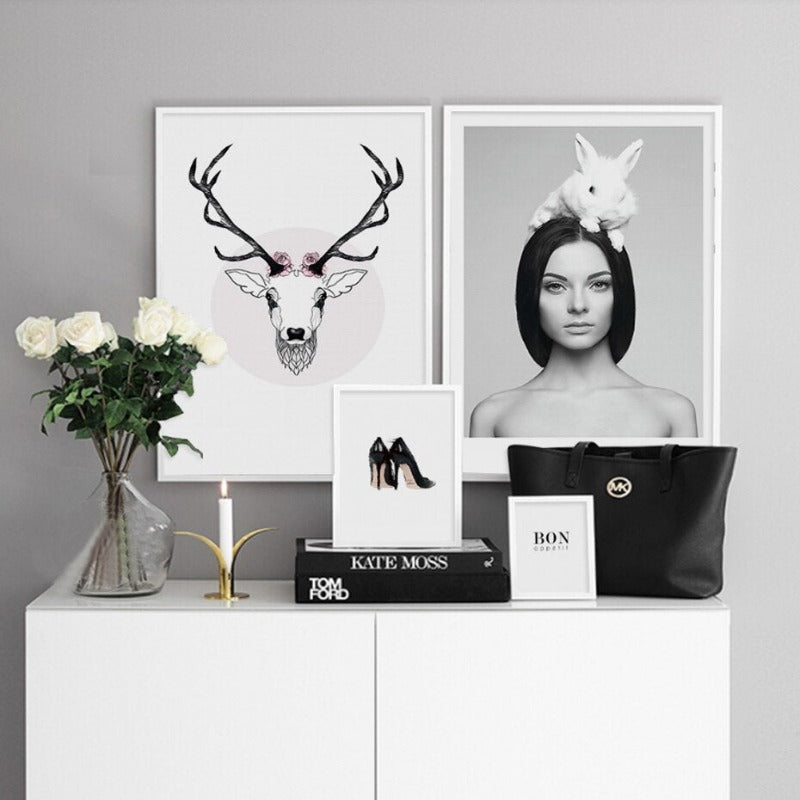 Deer Poster & Print Schwarze Wand - Leinwand Wandkunst Gemälde