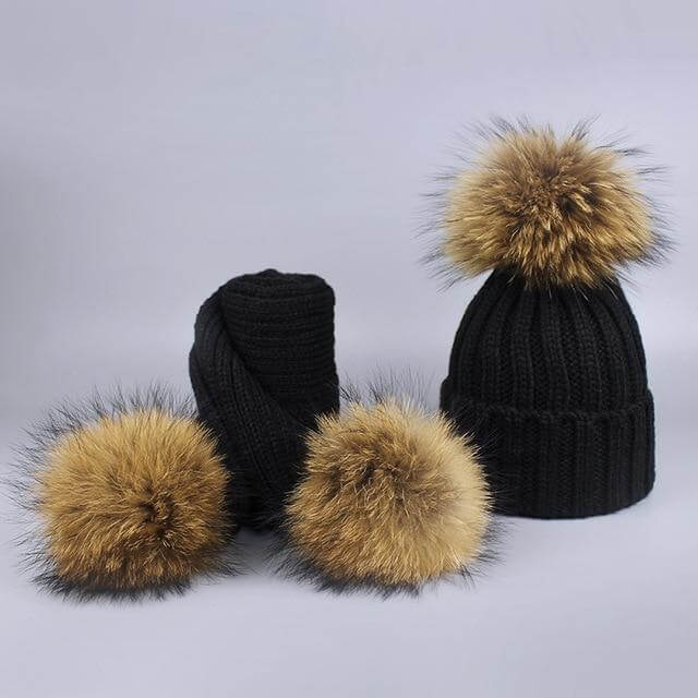 Brehn | Warm gestrickte Pelzmütze Schal Set