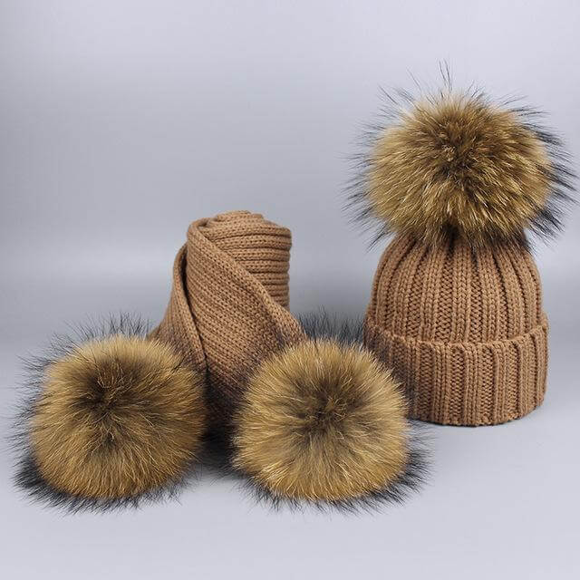 Brehn | Warm gestrickte Pelzmütze Schal Set
