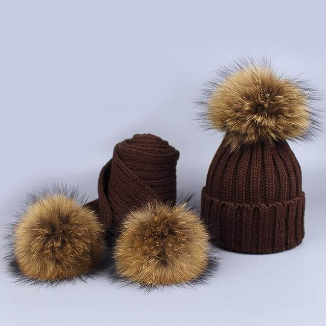 Brehn | Warm gestrickte Pelzmütze Schal Set
