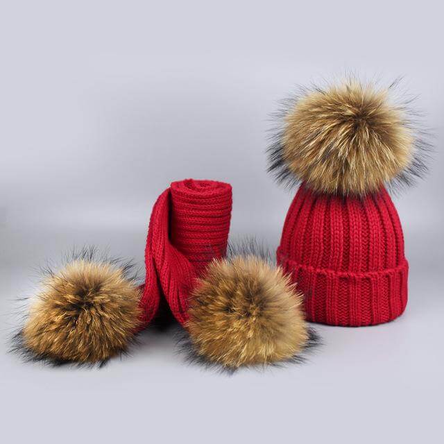 Brehn | Warm gestrickte Pelzmütze Schal Set