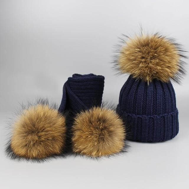Brehn | Warm gestrickte Pelzmütze Schal Set