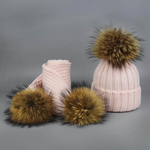 Brehn | Warm gestrickte Pelzmütze Schal Set