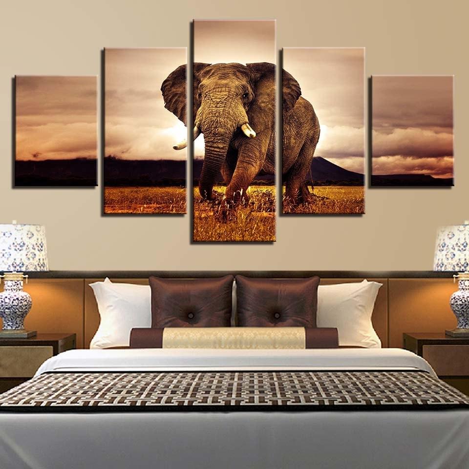 Morgen Elefant - 5-teilige Leinwand Wandkunst Malerei | Tierwelt Wandkunst