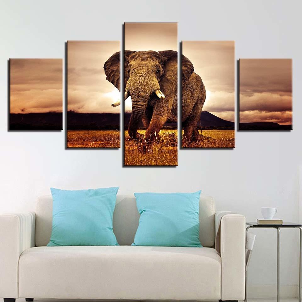 Morgen Elefant - 5-teilige Leinwand Wandkunst Malerei | Tierwelt Wandkunst