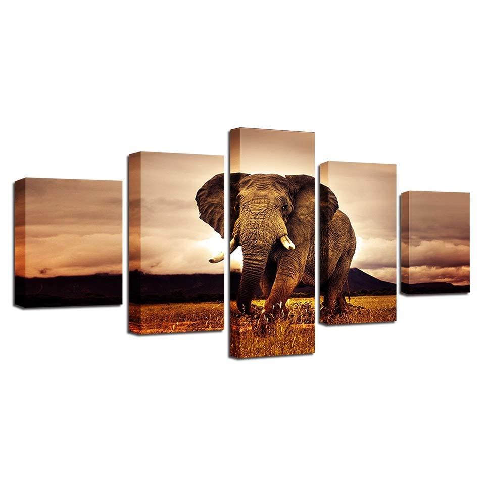Morgen Elefant - 5-teilige Leinwand Wandkunst Malerei | Tierwelt Wandkunst