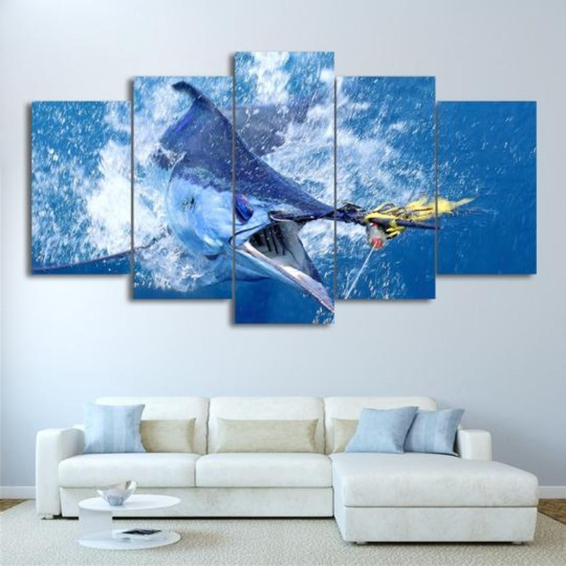 Springender Marlin Fisch - Leinwand Wandkunst Gemälde
