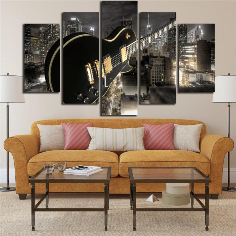 Gitarre Und Stadt - Leinwand Wandkunst Gemälde