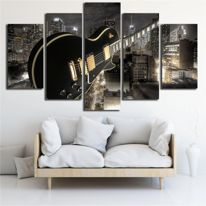 Gitarre Und Stadt - Leinwand Wandkunst Gemälde