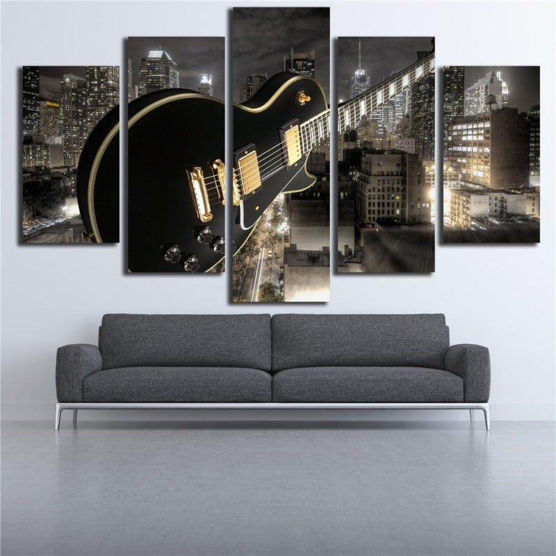 Gitarre Und Stadt - Leinwand Wandkunst Gemälde