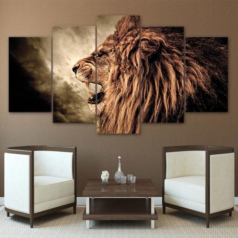Grand Lion Howl | Brüllender Löwe - 5-teiliges Leinwand Wandkunst Gemälde