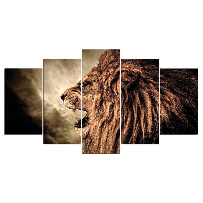 Grand Lion Howl | Brüllender Löwe - 5-teiliges Leinwand Wandkunst Gemälde