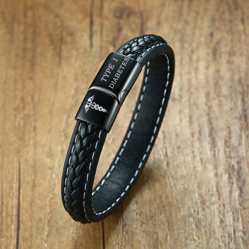Brehn | Herren Diabetiker medizinisches Alarm-ID-Armband - Genähtes schwarzes Leder - Für Typ 1 und Typ 2 Diabetes