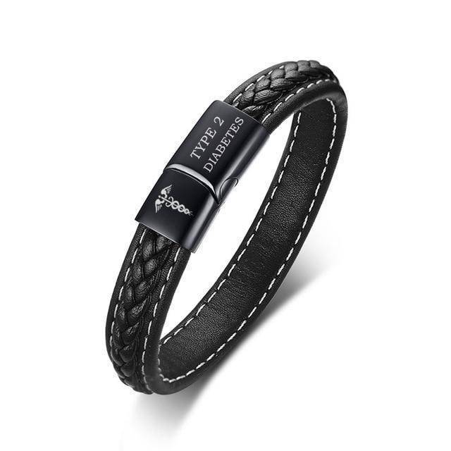 Brehn | Herren Diabetiker medizinisches Alarm-ID-Armband - Genähtes schwarzes Leder - Für Typ 1 und Typ 2 Diabetes