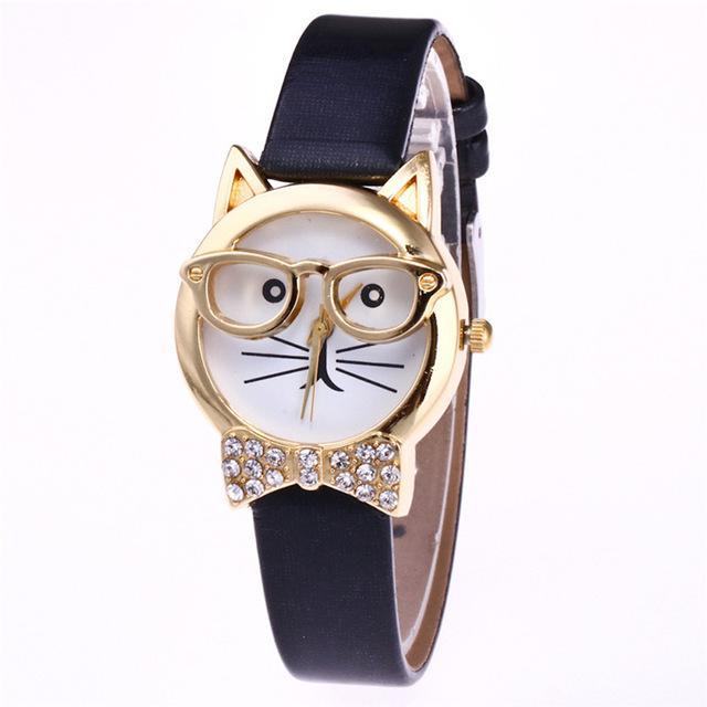 Brehn | Ansprechende Funky Brille Katze Mit Steinen Und Echtem Lederarmband Damen Uhr