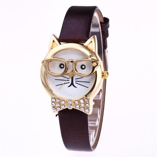 Brehn | Ansprechende Funky Brille Katze Mit Steinen Und Echtem Lederarmband Damen Uhr