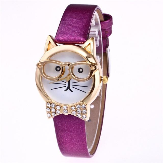 Brehn | Ansprechende Funky Brille Katze Mit Steinen Und Echtem Lederarmband Damen Uhr