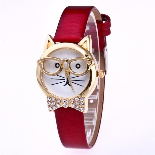 Brehn | Ansprechende Funky Brille Katze Mit Steinen Und Echtem Lederarmband Damen Uhr