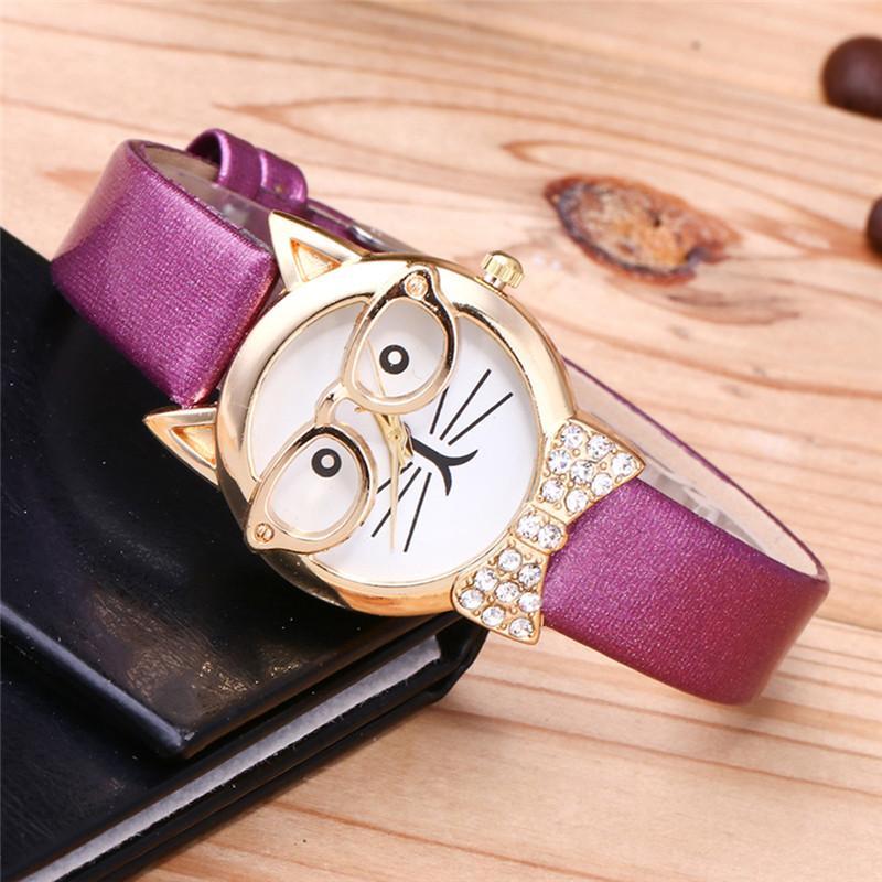 Brehn | Ansprechende Funky Brille Katze Mit Steinen Und Echtem Lederarmband Damen Uhr